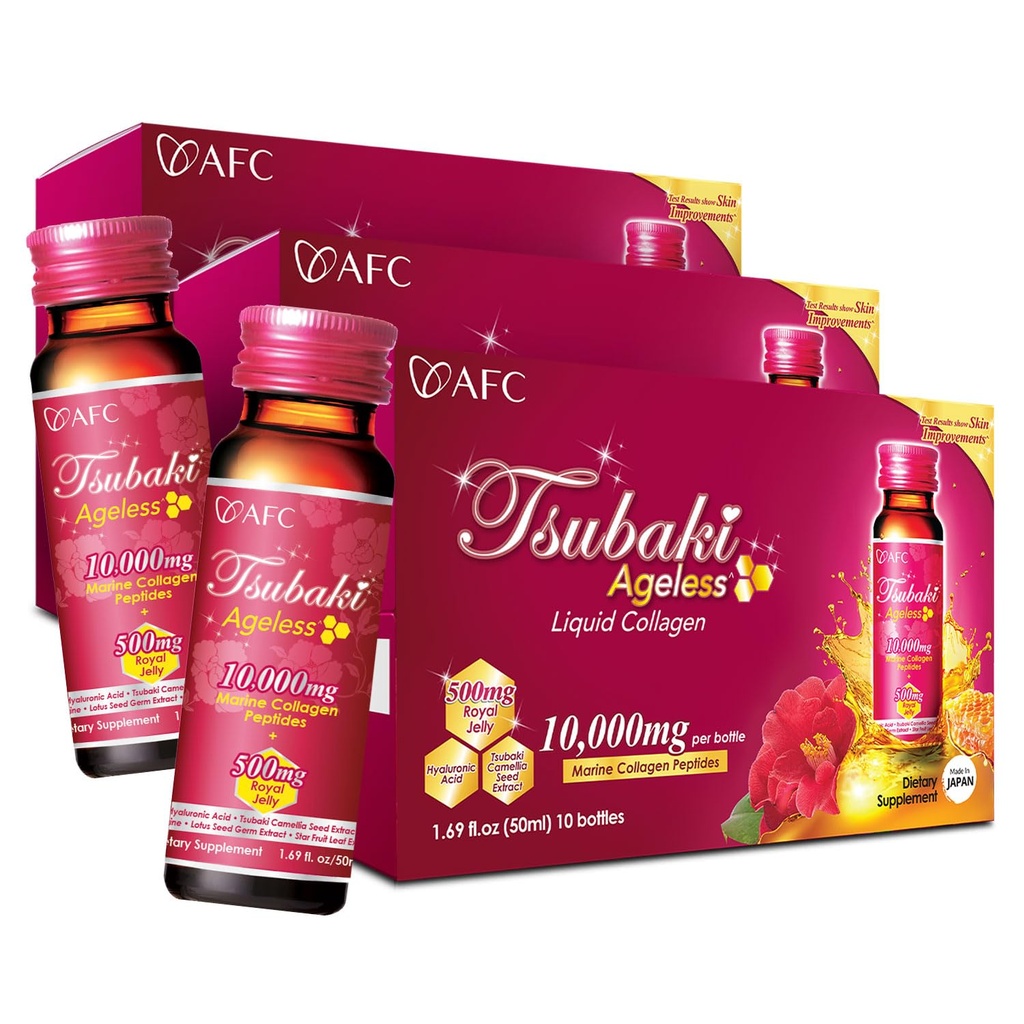 AFC Japāna Tsubaki Ageless Beauty Collagen Dzēriens no Japānas ar 10 000mg Marine Collagen Peptides + 500mg Royal Jelly + Hyaluronic Acid + vitamīns Bs & C ādas revitalizācijai 1.69fl.ozx10sx3