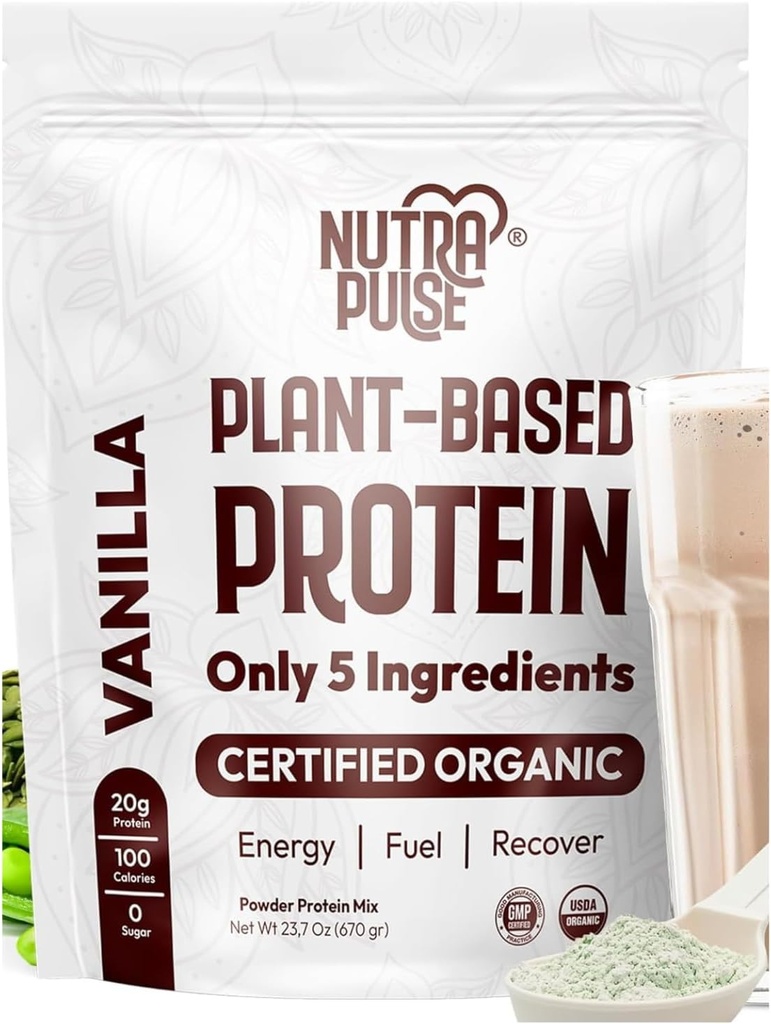 Organiskais vegāna proteīna pulveris – Vanilla Flavor, uz augu bāzes, bez lipekļa, ne-GMO, 20g proteīns, kas kalpo, ideāli piemērots gludumiem, krata, cep, vāra (1 iepakojums, 20 servos)