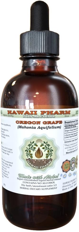 Hawaii Pharm Oregon Vīnogu spirts bez šķidruma ekstrakts, Oregonas vīnogu (Mahonia aquifolium) Kaltēts Saknes Glicerīts Natural Herbal Papildinājums, USA 2oz
