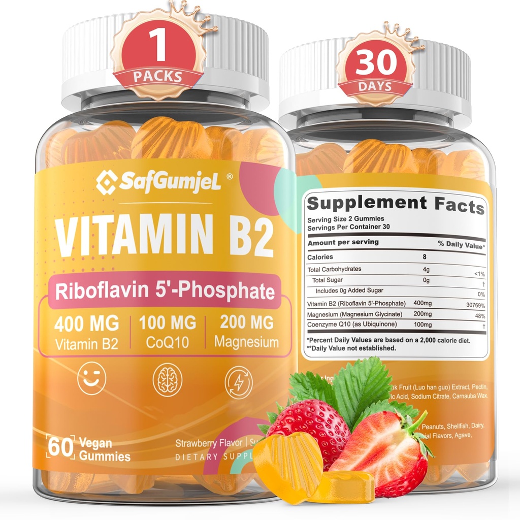 Vitamīns B2 Gumijas, Riboflavin 400mg ar magniju un CoQ10 Migraine Relief & Relief - galvassāpes, bez cukura, vegāna, zemeņu Flavor, 60 Skaits