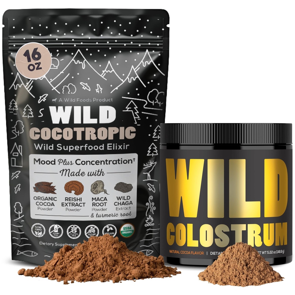 Kokotropiskas organiskās sēnes Cacao Mix (16oz) & Jaunpiens Pulveris (5.22oz) Saišķis Gut Health and Energy