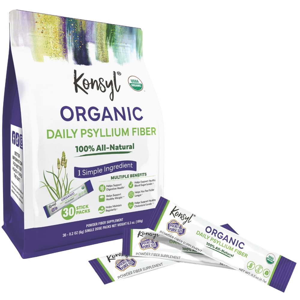 Konsyl Organic Daily Psyllium Fiber Stick Packs - On-The-Go Fiber papildinājums Pulveris - ērts, dabīgs, bez lipekļa un bez cukura, Vegan & Keto - 30 iepakojumi