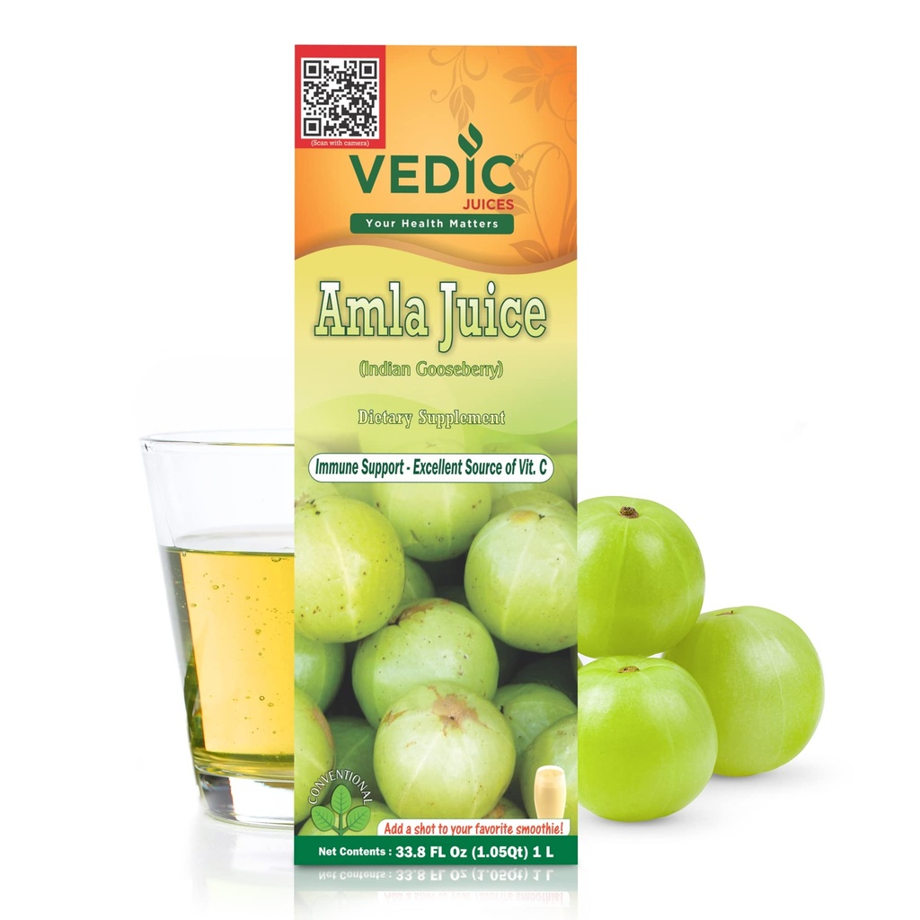 Vēdiskās sulas Amla Juice, Indijas ērkšķogas Papildinājums ar vitamīnu C Gut veselībai, un matu augšana, Herbal Drink - 1 Liter