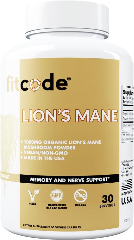 fitcode Organic Lion’s Mane Sēnes papildinājums - Lion’s Mane Sēnes Kapsulas Nootrops Smadzeņu atbalsta papildinājums Focus Memory Clarity un Immunity Support Lion’s Mane pielikums
