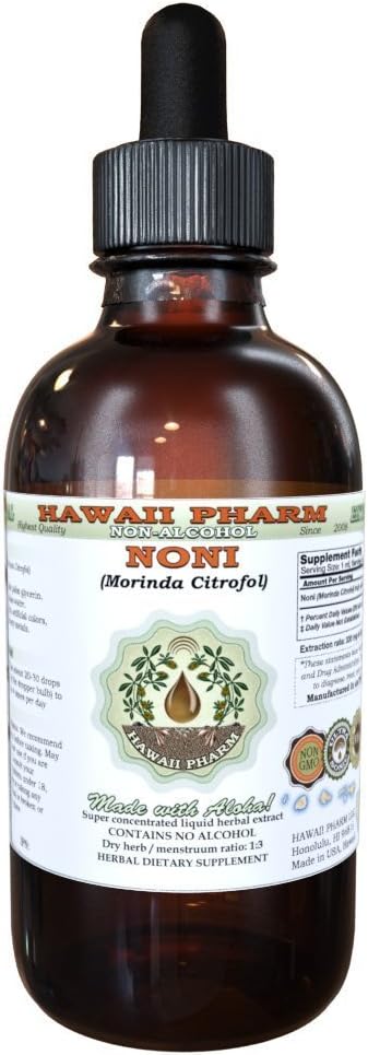 Noni bez alkohola šķidrs ekstrakts, Organisks Noni (Morinda citrifolia) Kaltēts Auglis Glicerīts Dabīgs augu papildinājums, Hawai Pharm, USA 2 fl.oz