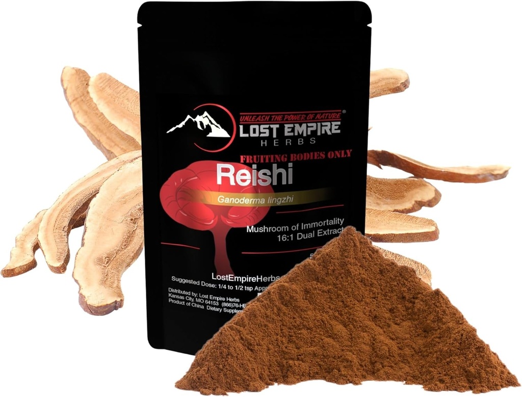 Zudušie Empire Herbs Reishi (Ganoderma Lucidum) Sēņu pulveris - Organic 16:1 Dual ekstrakts no reālām sēnēm nav micēlijs - Imūnsupportam (15 Grams)