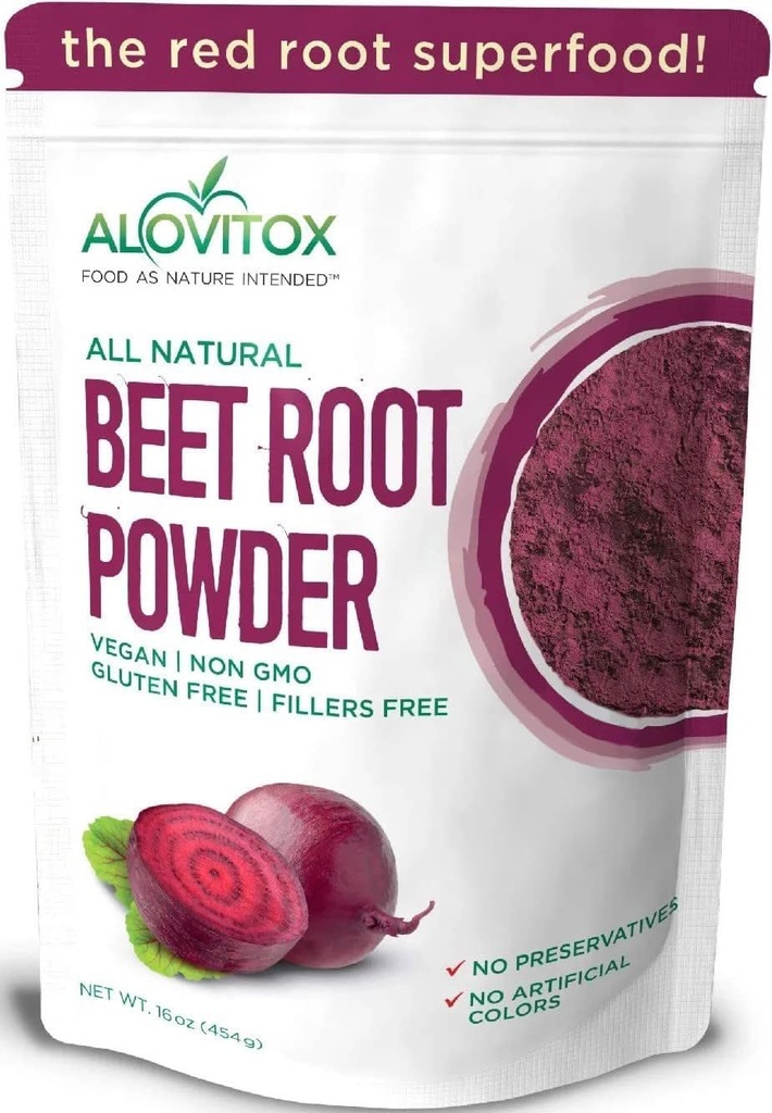 Alovitox Organiskās biešu saknes pulveris  - 100% Svaigs biešu saknes ekstrakts -- Slāpekļskābe Superfood, augsts kalcija, dzelzs, kālija un folāta līmenis -- atbalsta efektīvus treniņus - Vegāns, ne-GMO, bez lipekļa -- 16 oz