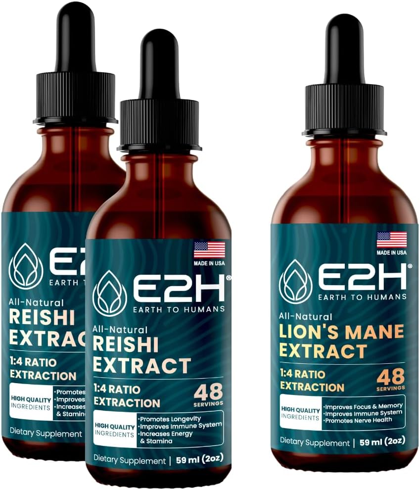 E2H: Reishi (2 Pack) & Lion's Mane ekstrakti - Enerģija, ilgizturība, kognitīvais asums, immunitāte - ne-GMO, Vegan - 2 Fl Oz Katrs (6 Fl Oz Total) - Bandle