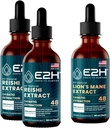 E2H: Reishi (2 Pack) & Lion's Mane ekstrakti - Enerģija, ilgizturība, kognitīvais asums, immunitāte - ne-GMO, Vegan - 2 Fl Oz Katrs (6 Fl Oz Total) - Bandle