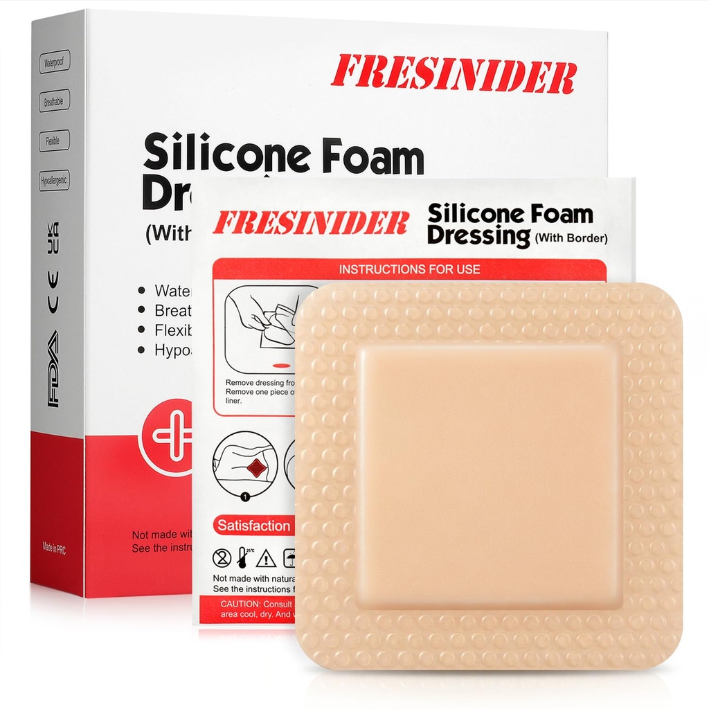 FRESINIDER Silikona putas Dressing ar Adhesive robežu – Brūces Dressing Bandage – Silikona putu Pad – Iepakojums 10 – 4 x 4 collas Lieli ūdensnecaurlaidīgi saites – Pašadhesive brūces aprūpi un Dressing