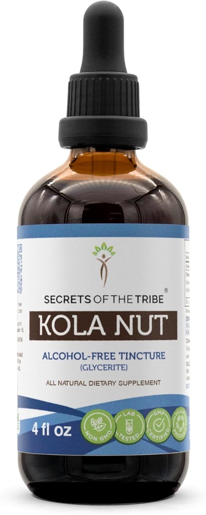 Noslēpumi no tribe Kola Nut Tincture Alkohola-free ekstrakts, Kola riekstu (Cola Acuminate) Kaltēts nut (4 FL OZ)