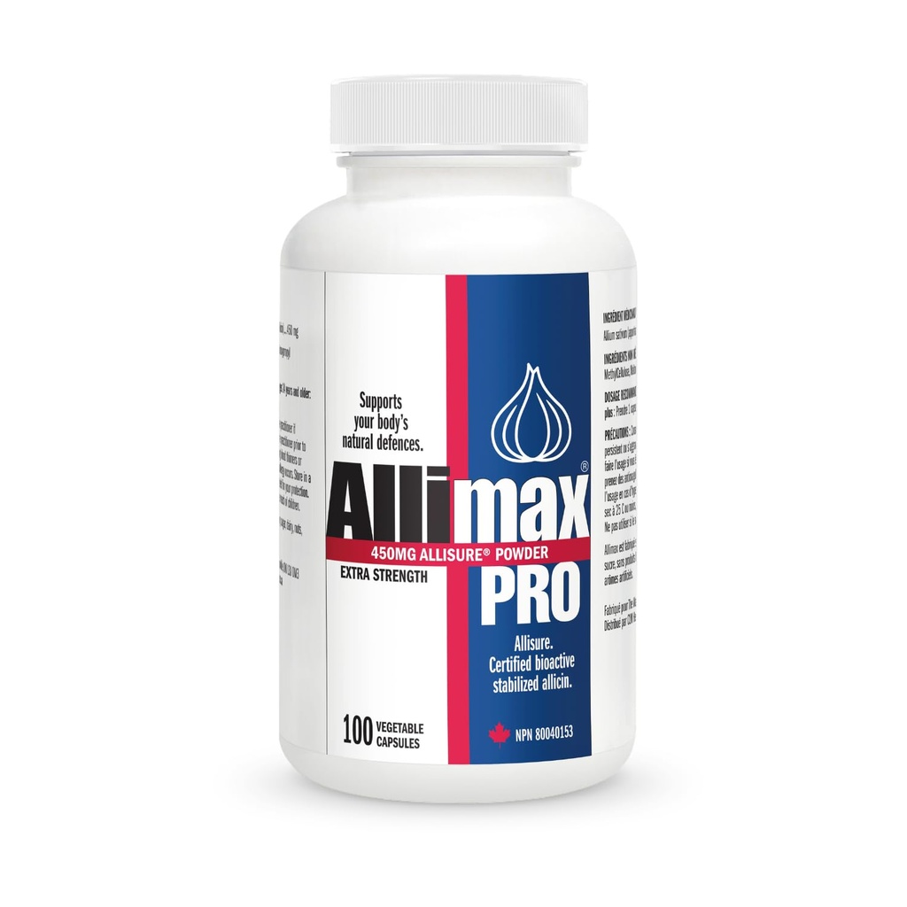 Allimax Pro 450mg 100 Vegicaps. Allicin ķiploku papildinājums, lai atbalstītu jūsu ķermeņa imūno funkciju. Ar stabilizētu Allicin ekstrahēts no tīras un ilgtspējīgas spāņu Grown Garlic. Profesionālā stiprums