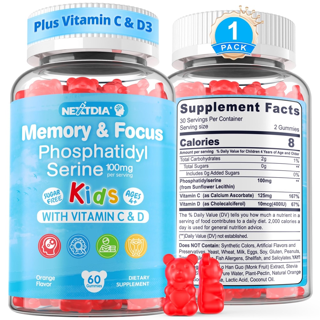 Fosfatidilserīna papildinājums 100mg, Focus Gummies bērniem pusaudžiem + vitamīns C & D3 400IU, bez cukura Kids smadzeņu Gumies palielināt uzmanību un koncentrāciju, košļājamās, Vegan, bez lipekļa, nav GMO 60Cts