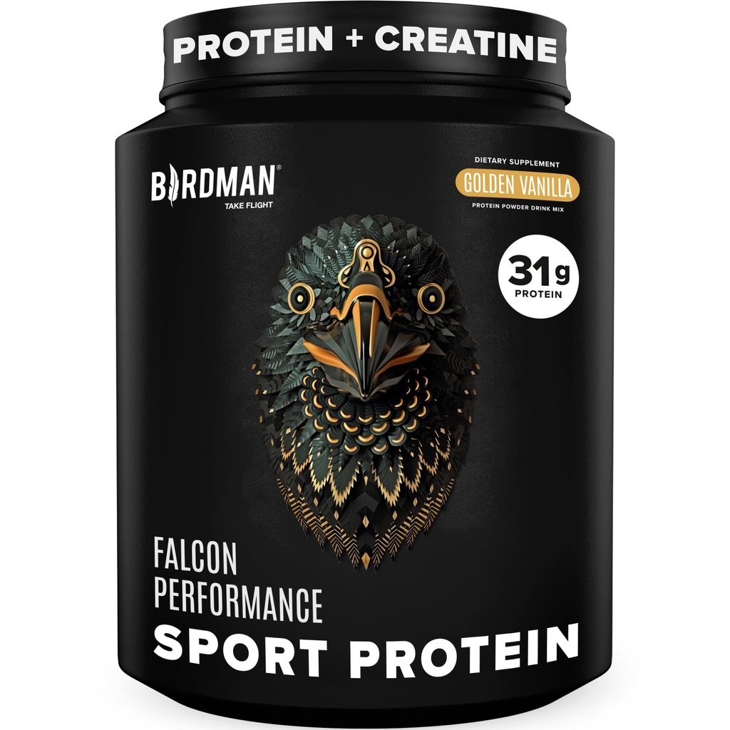 BIRDMAN Falcon Performance Vegan Protein Powder, 31g Protein, 5g Kreatīns, 5g BCAA, Probiotikas, Elektrolīti, Pirms treniņa, Zems Carb, bez cukura un piena, augu izcelsmes Vanilla Protein -19 Pasniedz