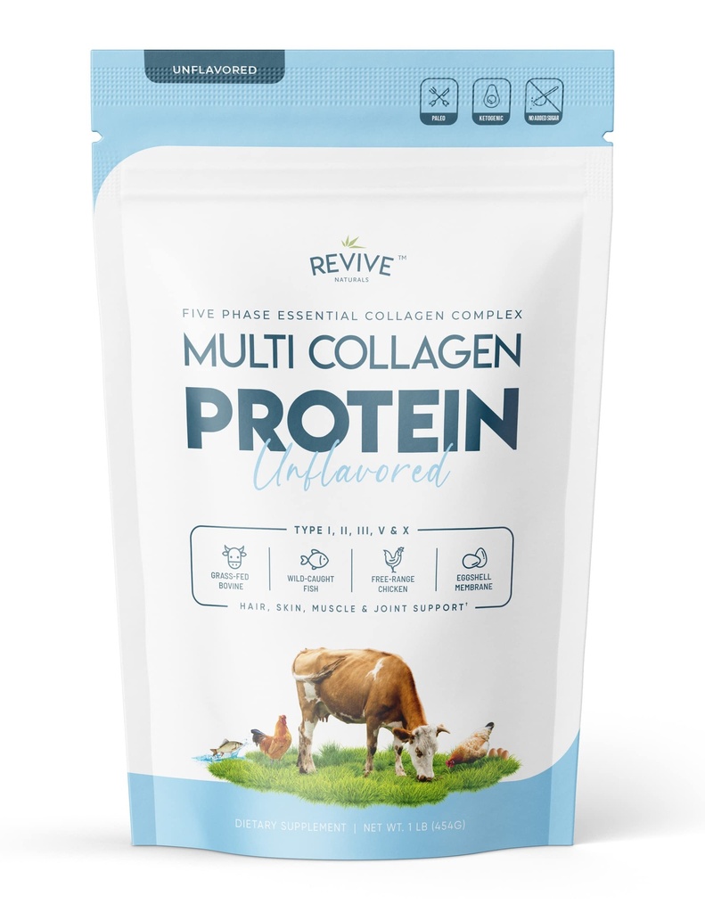 Daudzkolagēna hidrolizēts proteīns Pulveris (16oz) - I, II, III, V & X tips - ar zāli baroti liellopi (Peptan®), savvaļas kazlēni, brīvi viesabonēšanas cāļi un čaumalas kolagēna peptīdi, ne-GMO, GF.