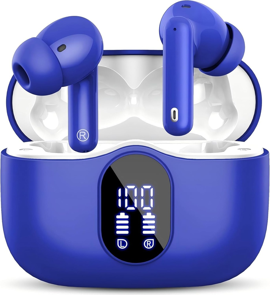 Bezvadu austiņas Bluetooth 5.3 Austiņas Bass Stereo Ausu Budi ar troksni Atcelt Mic LED Display in Ausu austiņas IP7 Ūdensizturīgs 36H Playtime for klēpjdatora Pad Telefoni Sports Workout Blue
