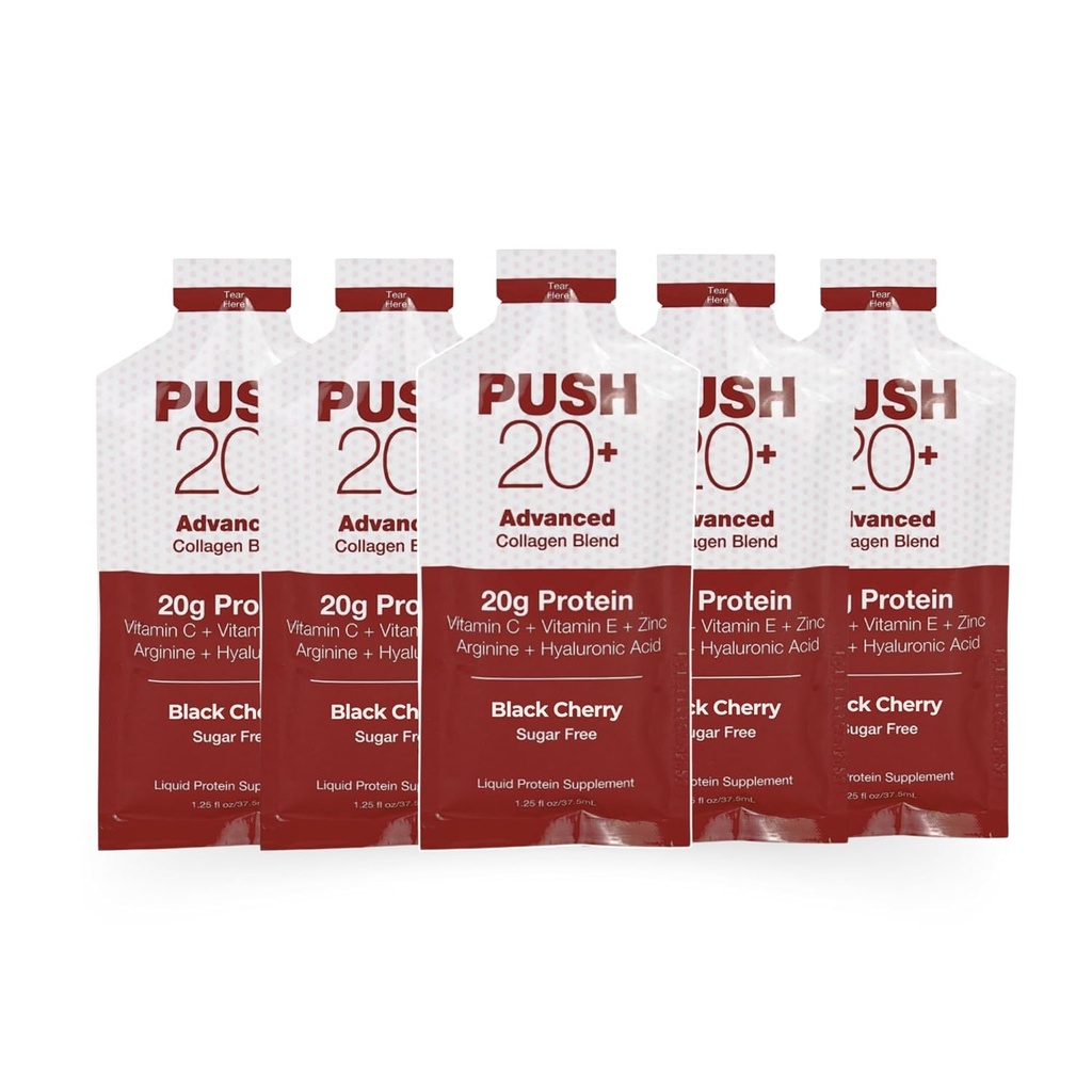 PUSH20+ Advanced Collagen Blend - šķidrs proteīns 20g uz 1,25 fl. oz - melnā ķiršu Flavor - vitamīns C, kolagēna peptīdi, hialuronskābe, E vitamīns un labākais šķidro kolagēns, kas ir labi essentials