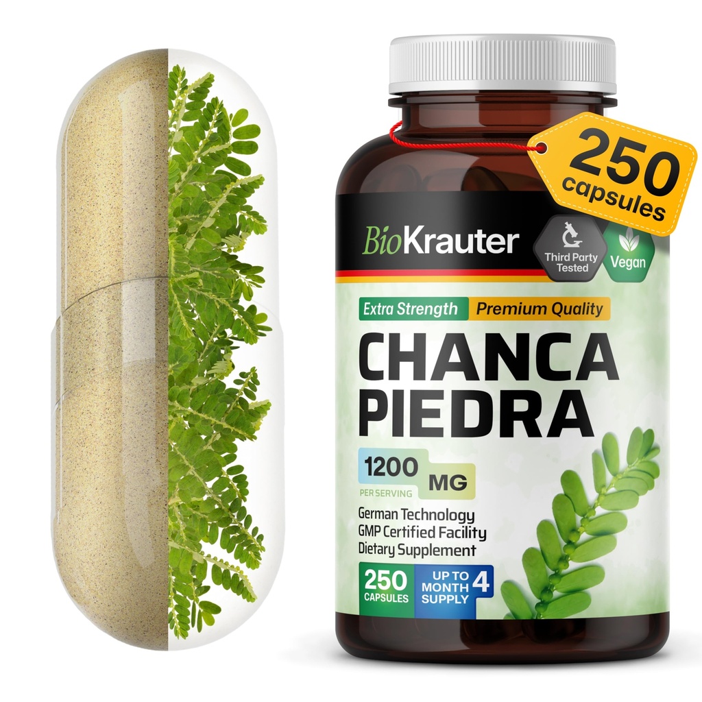 BIO KRAUTER Chanca Piedra Stone Breaker Kapsulas - 1200 mg Stonebreakers nieru tīrīšanai - 250 Chanca Piedra para Los Riñones Caps - Vegan Gallbladder papildinājumi