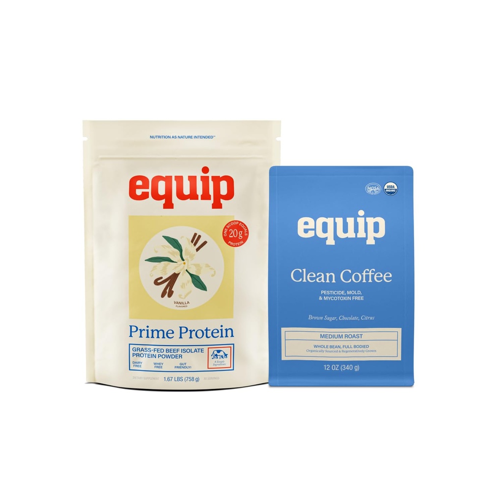 Equip Foods Prime Protein Pulveris Vaniļas un zelta standarts Tīra kafija