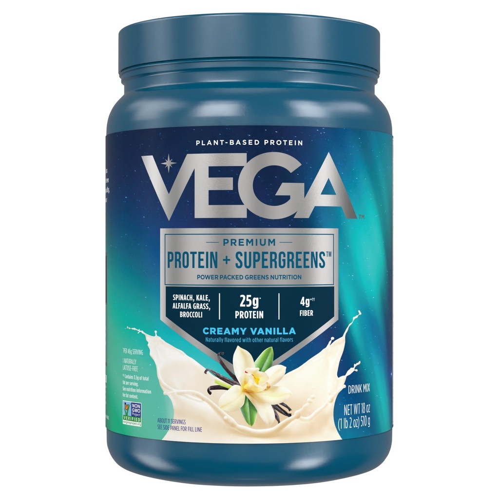 Vega Olbaltumvielas un zaļās olbaltumvielas Pulveris Krēmveida Vanilla (11 Servējumi) 25g Augu izcelsmes Olbaltumvielas Plus Veggies, Vegan, Non-GMO, Pea Protein sievietēm un vīriešiem, 1,2lbs