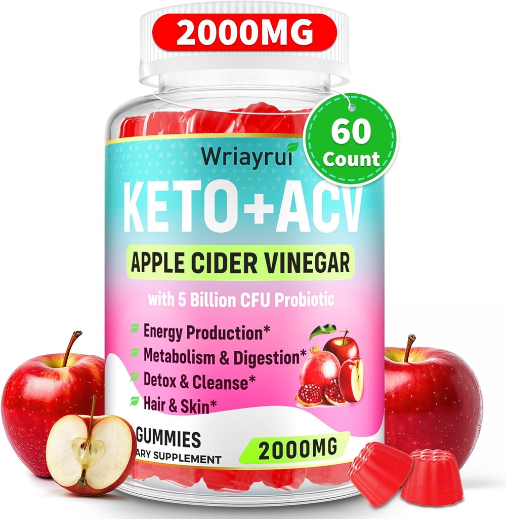 Ābolu sidrs Etiķis Gumijas, ātri ripped Keto ACV Gummies, Max Strength 2000mg, Formulēts ar zaļo tēju, B6 & B12, Probiotikas, ACV Metabolisma, Digestion, Detox & Cleanse, 60 Counts