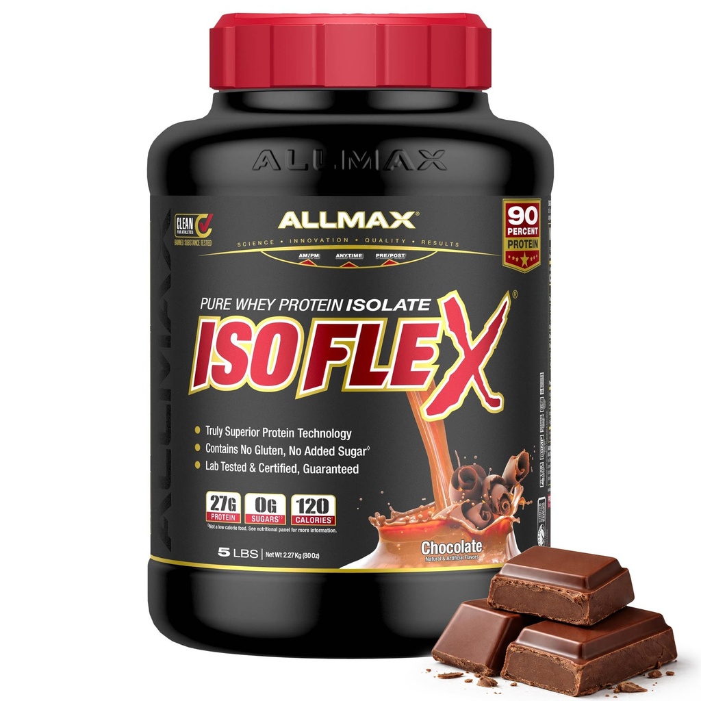 ALLMAX Nutrition - ISOFLEX Sūkalu proteīna pulveris, sūkalu proteīna izolāts, 27g proteīna, šokolāde, 5 mārciņas