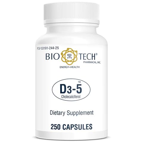 Bio-Tech Pharmacal D3-5 (5000 SV), 250 kapsulas – All-Natural Papildinājums – Atbalsta Kaulu un imūno veselību – Bez piena, zivju, lipekļa, zemesriekstu, gliemeņu, & sojas – Nav Mākslīgās Krāsas