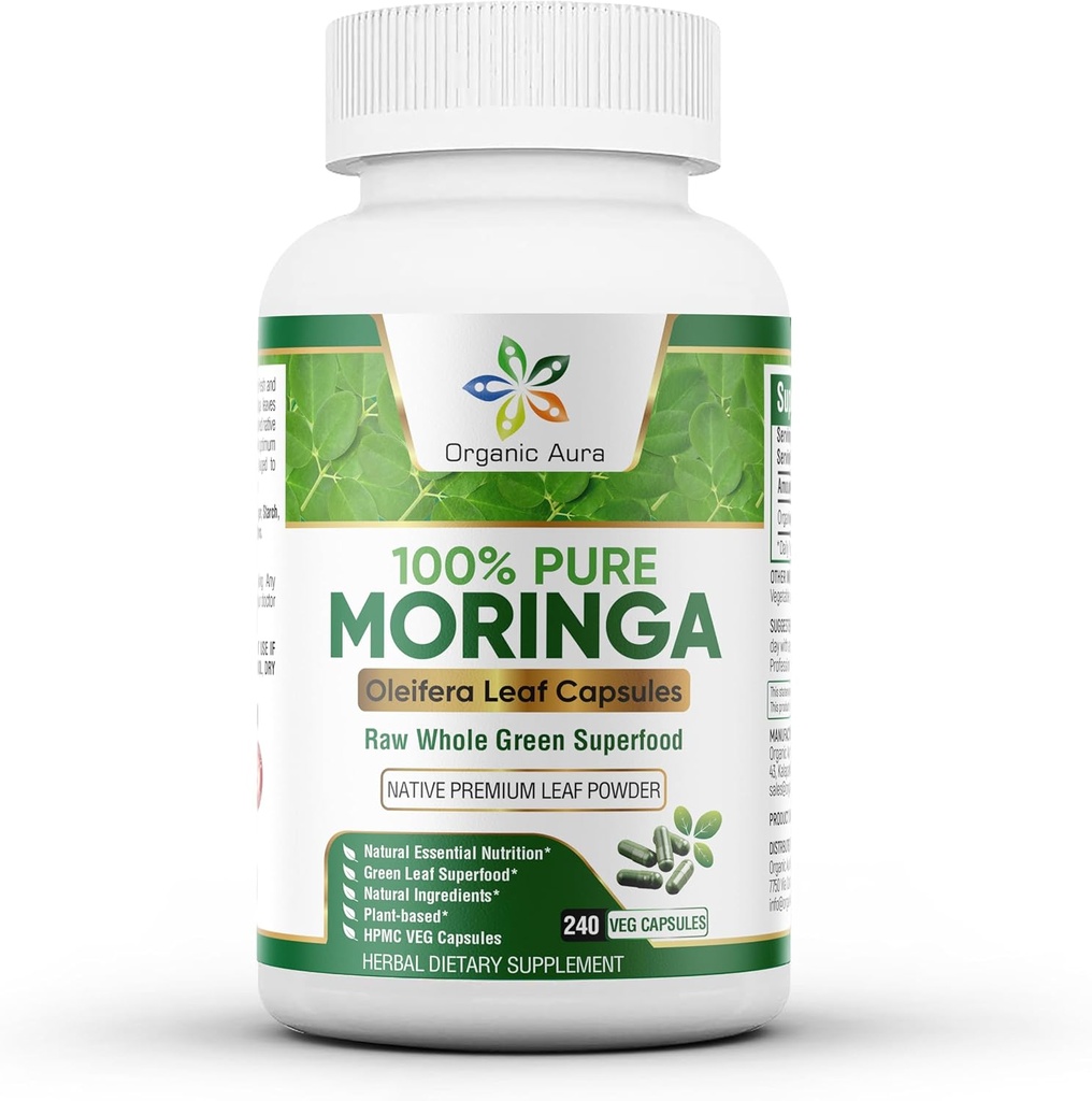 Organiskās Aura Moringa kapsulas - 240 Ct vairumtirdzniecības iepakojums. Autentisks Raw Moringa Leaf papildinājums enerģijai, Metabolisms, Zīdīšana, Immunity & Joint Health. Veselas lapas Green Super Food Nutrition.