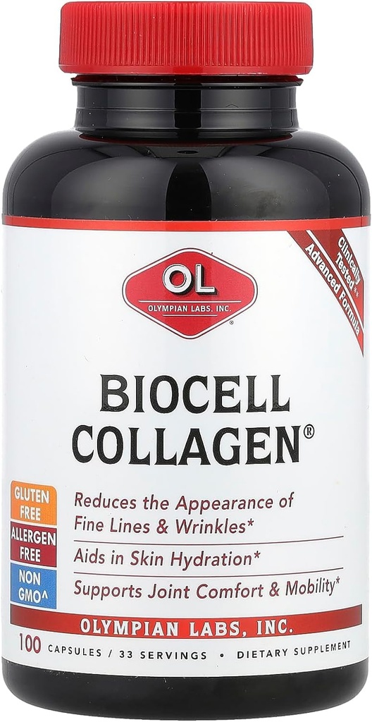 Olymapian Labs Biocell Collagen II 1500 mg papildkapsulas no GMO, bez lipekļa, bez alerģiju - atbalsta ādas un locītavu veselību un kairinājuma ražojošo šūnu - 100 kapsulas (33 dienu piegādes)