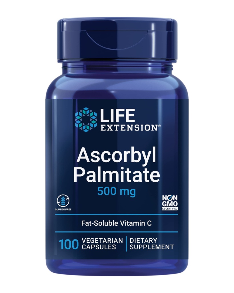 Life Extension Ascorbil Palmitate 500mg – tauku šķīdinātājs C vitamīna papildinājums imūnās uzturvielas un ilgstošas iedarbības – ūdens šķīdumā bez lipekļa, ne-GMO, veģetārietis – 100 kapsulas