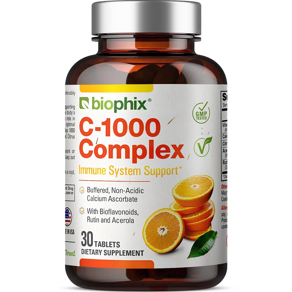 C-1000 mg 30 tabletes Complex - Vegāns ar kalcija Citrus Bioflavonoids Acerola Rutin - atbalsta imūno veselību