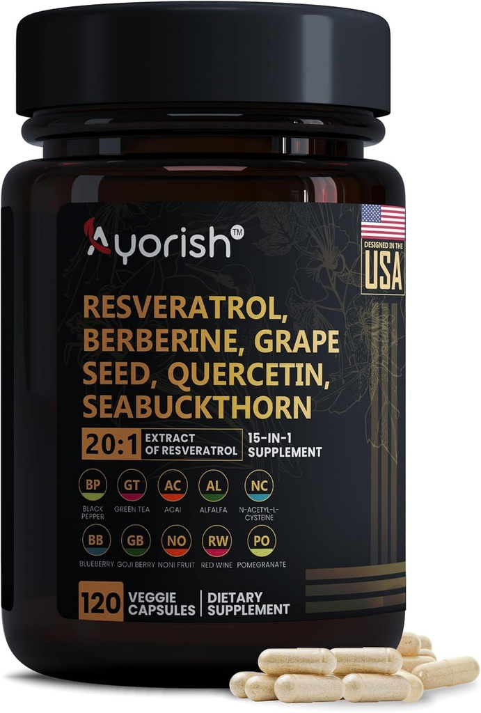 Resveratrol Papildinājums ; Berberīna vīnogu sēklu ekstrakts Quercetin zaļās tējas ekstrakts Acai Noni Polifenola papildinājums sievietēm un vīriešiem, N-acetyl Cysteine NAD Booster 120 Count