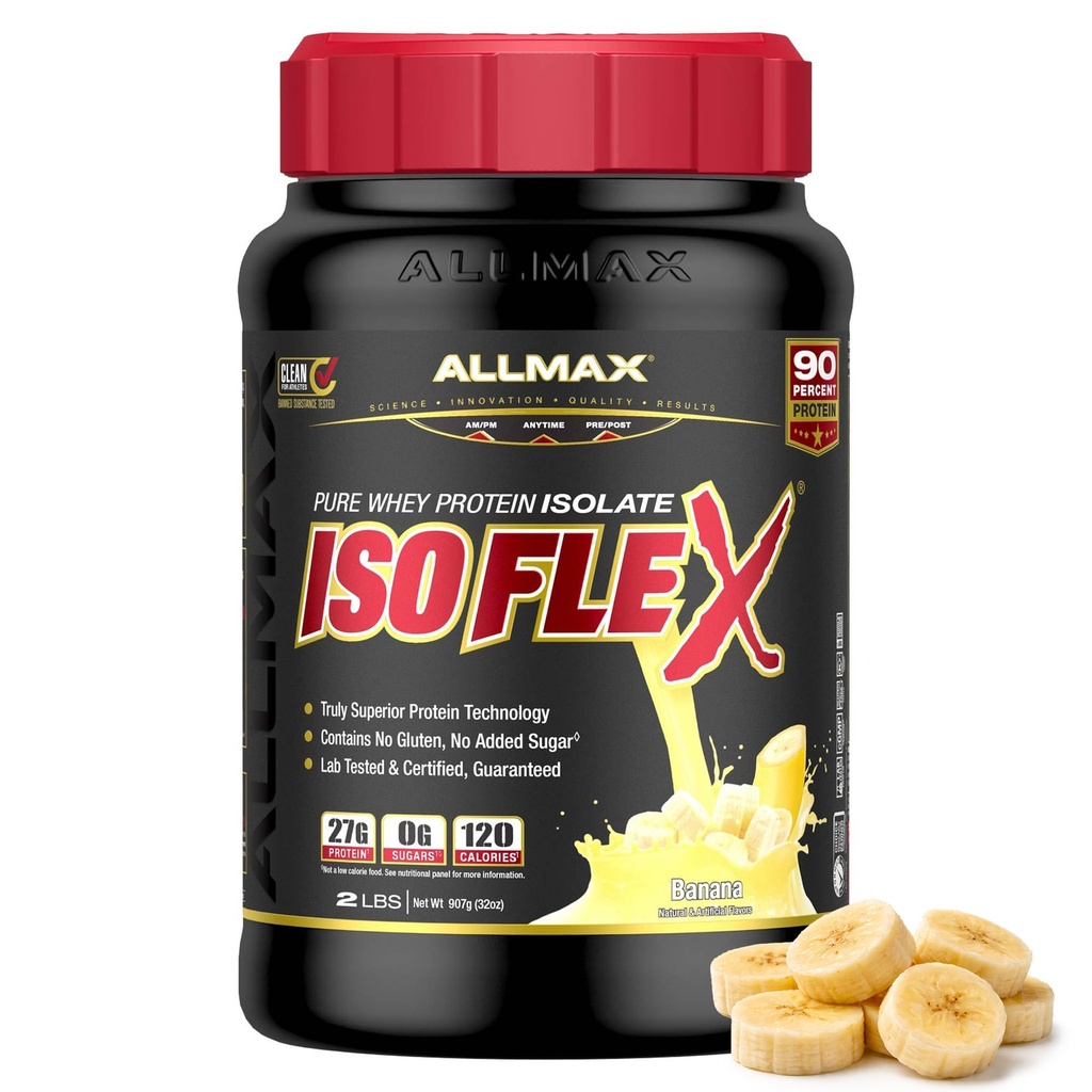 ALLMAX Uzturs ISOFLEX Sūkalu proteīns Izolāts, banānu - 2 lb - 27 Olbaltumvielu grami uz kausiņu - Nulle tauku un cukura - 99% Bez laktozes - Bez lipekļa un sojas - Aptuvenais 30 Kalpojumi