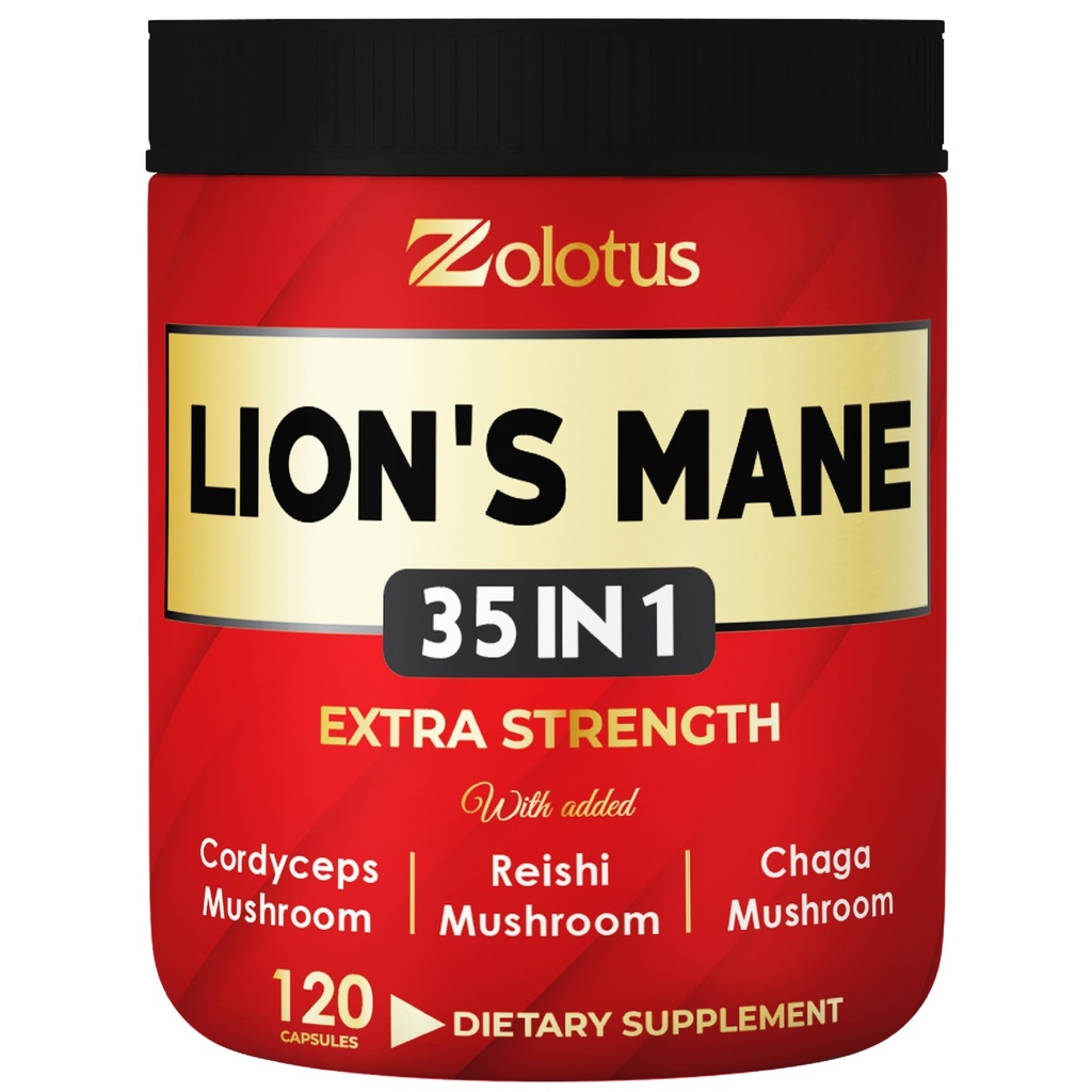 Zolotus 35 in 1 Lions Mane Sēņu kapsulas Cordeyceps, Reishi, Elderberry, Ashwagandha, Panax Ginseng - 120 Count