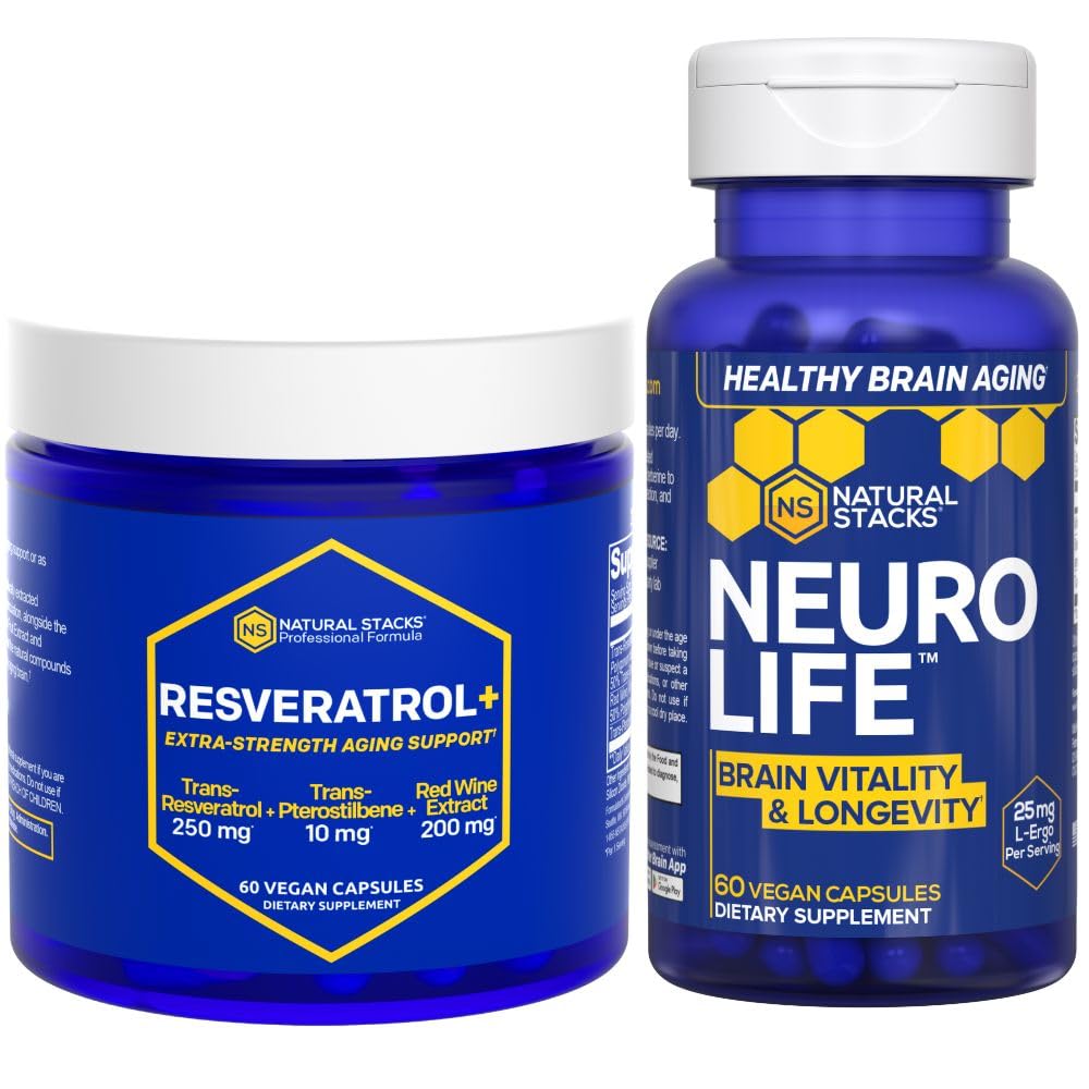 NATURAL STACKS NeuroLife & Resveratrol Papildinājums Bundle - Atbalsta Longevity & Brain Novecošana* - 120 Kopā Kapsulas