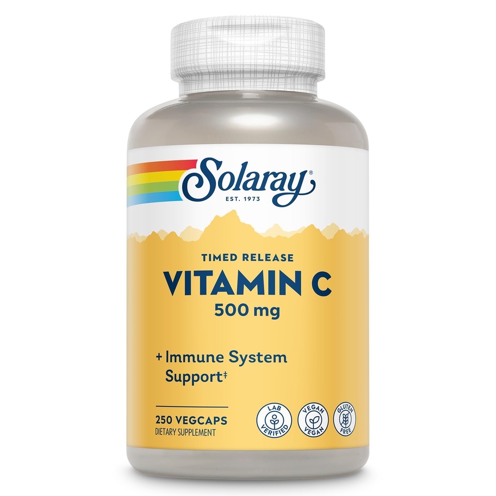 SOLARAY vitamīns C 500mg, divu posmu noildze - Antioksidants un imūnās atbalsta papildinājums - vitamīns C ar Rose HIPS un Acerola, vegan, bez lipekļa, 60 dienu garantija, 250 Servējumi, 250 VegCaps