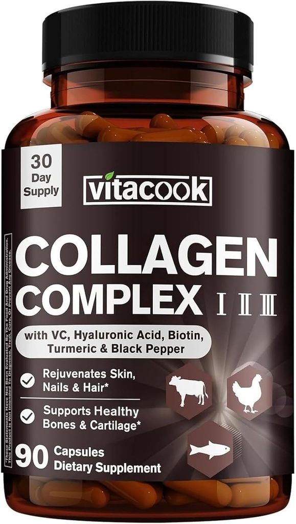 Kolagēna peptīdu komplekss, I, II, III, 2025 MG, hidrolizēts multikolagēns, VC, biotīns, HA, turmerika un melnie pipari ādai, matiem, nagiem, 90 vāciņiem