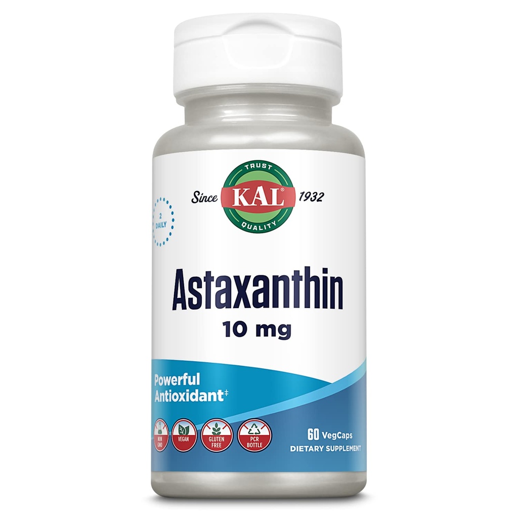 KAL Astaksantīns 10mg, spēcīgs antioksidanti papildinājums, acu veselības un smadzeņu papildinājums, No dabas augu avots, Non-GMO, Vegan, Gluten Free, 30 Servējumi, 60 VegCaps