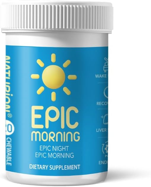 Epic Morning - Aknas Detox & Remonta Papildinājums ar DHM, Piena daiviņas, vitamīns C, B1, B2 & Granātāboli - Dabīgs Granātāboli un persiku Flavor - 20 košļājamās tabletes Aknu Atbalsts un Rīta Atkopšana