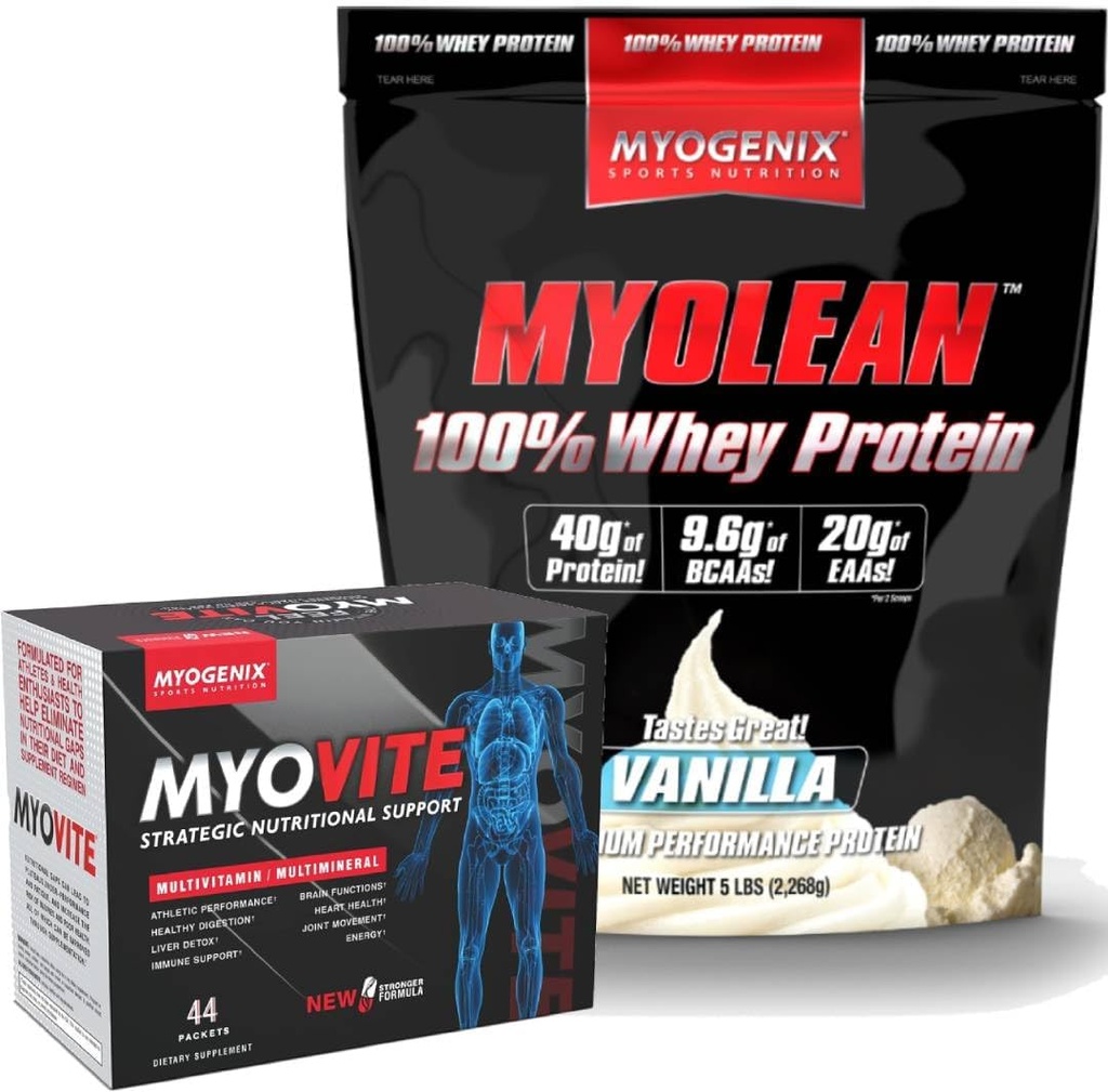 Myogenix Myovite Multivitamīnu un Myolean Vanilla Whey Protein Bandle – Complete Daily Uzturs ar 40g High-Protein Whey – Atbalsts enerģija, muskuļu augšanu un atveseļošanos