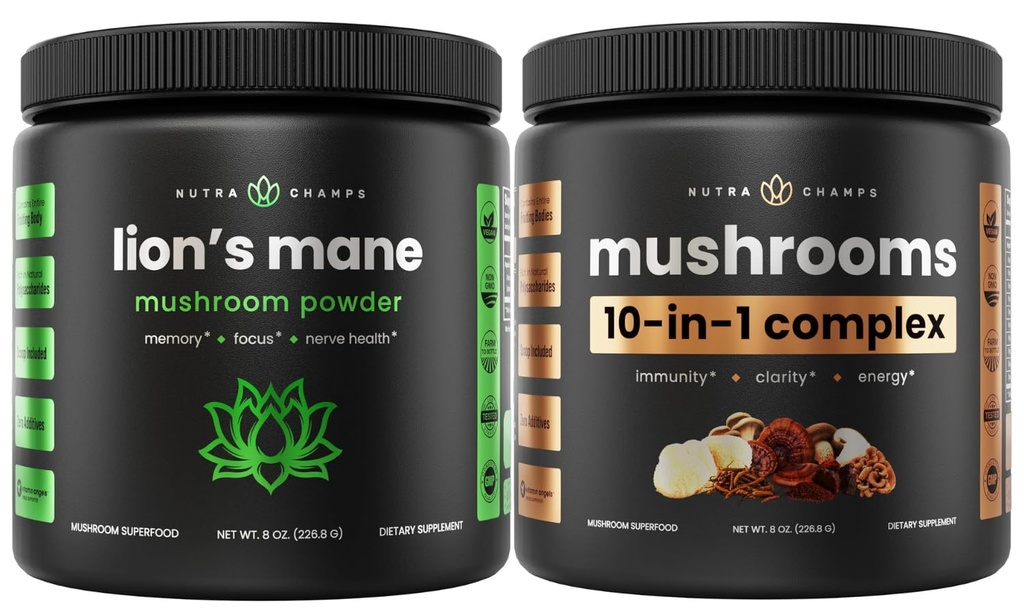 NutraChamps Lions Mane pulveris & 10 in 1 sēņu pulveris