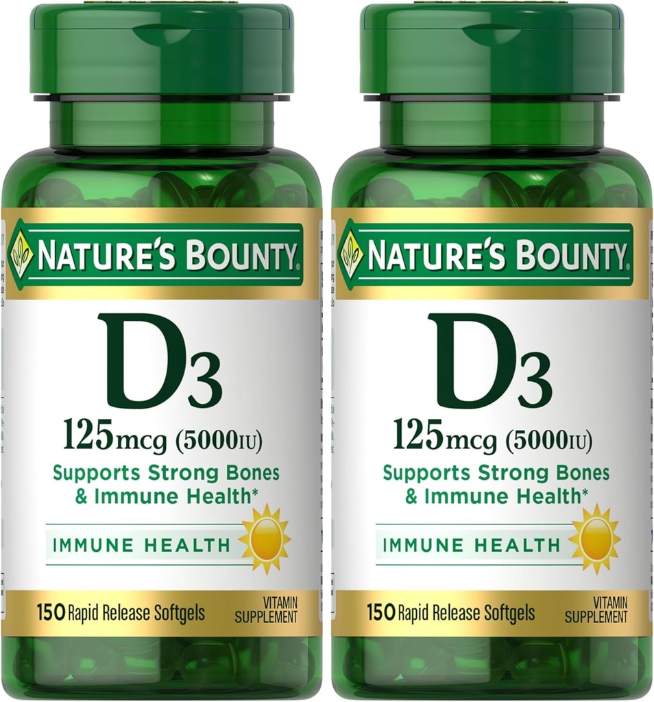Dabas bounty vitamīns D3, Imūnais un kaulu balsts, 5000IU, ātras iedarbības softgeli, 150 Ct (2. iepakojums)