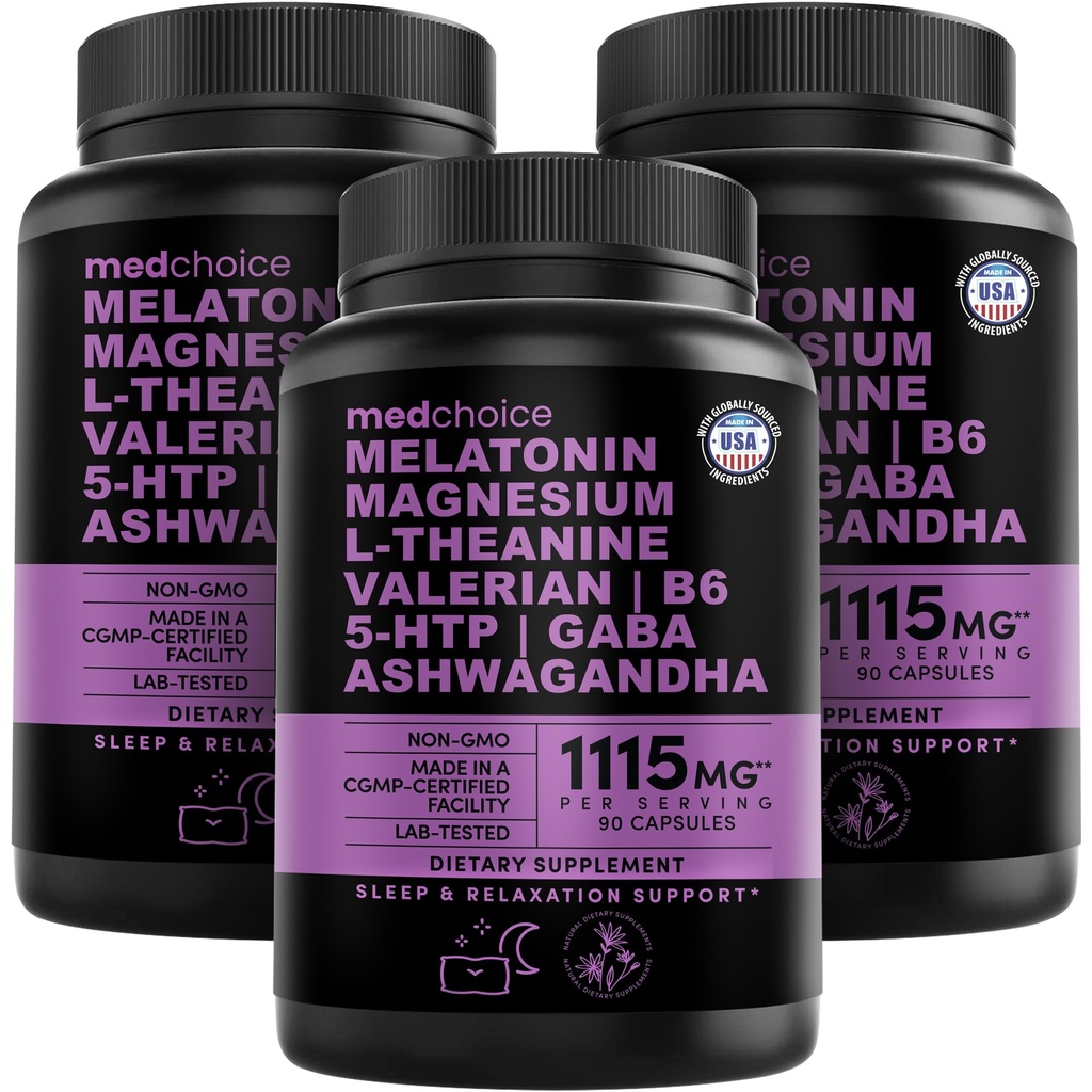 12-in-1 melatonīna miega kapsulas - dabīgs miega līdzeklis pieaugušajiem ar melatonīnu 5 mg un magnija glicinātu 500 mg, miega līdzeklis ar ašvagandu, L teanīnu, baldriāna sakni, GABA, 5-HTP (90ct, iepakojums pa 3)