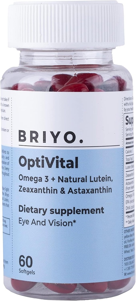 Briyo Optivital Acu veselības papildinājums ar luteīnu, Zeaksantīnu, astaksantīnu un Omega 3 – atbalsta vizuālo skaidrību, ekrāna noguruma atvieglošanu un ilgtermiņa tīklenes veselību – vienu dienu, 60 softgeli