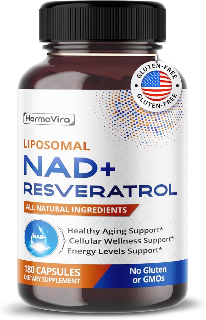Liposomālās NAD+ 600 mg ar Resveratrol 200 mg šūnu enerģijai un veselīgai novecošanai – 180 kapsulas – Vegan, ne- GMO, USA