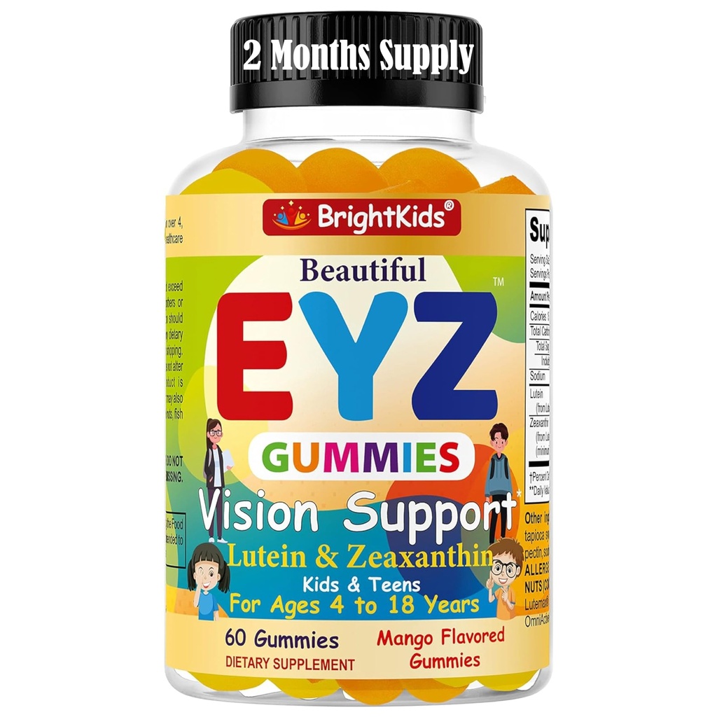 BrightKids acu veselības Gumijas bērniem un pusaudžiem – Lutein & Zeaxanthin Vision Support – Vegan, Non-GMO Acu Vitamīni ekrāna laikam – Garšīgs Mango Flavor – 60 Gumijas