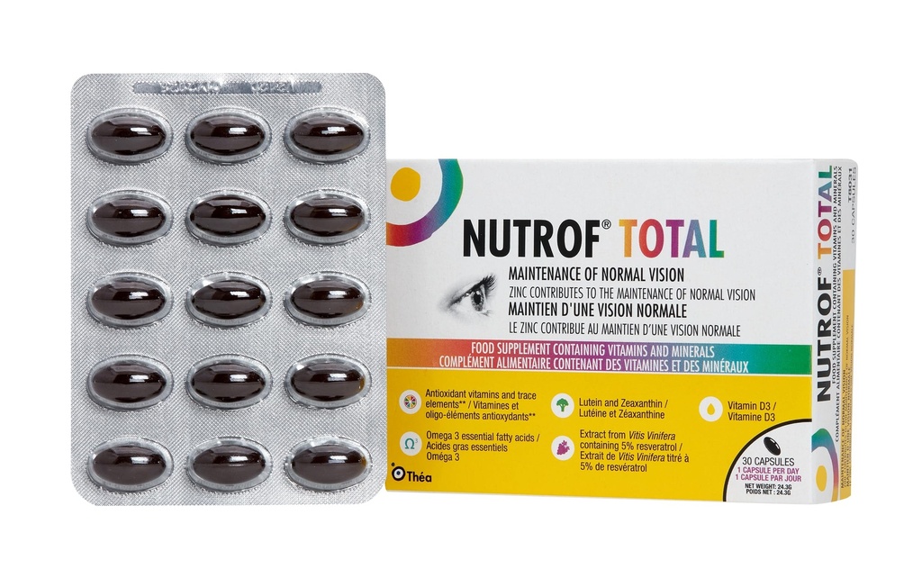 Nutrof kopējā kapsula – acu veselības papildterapija ar luteīnu, Zeaksantīnu, omega 3 un antioksidantiem;