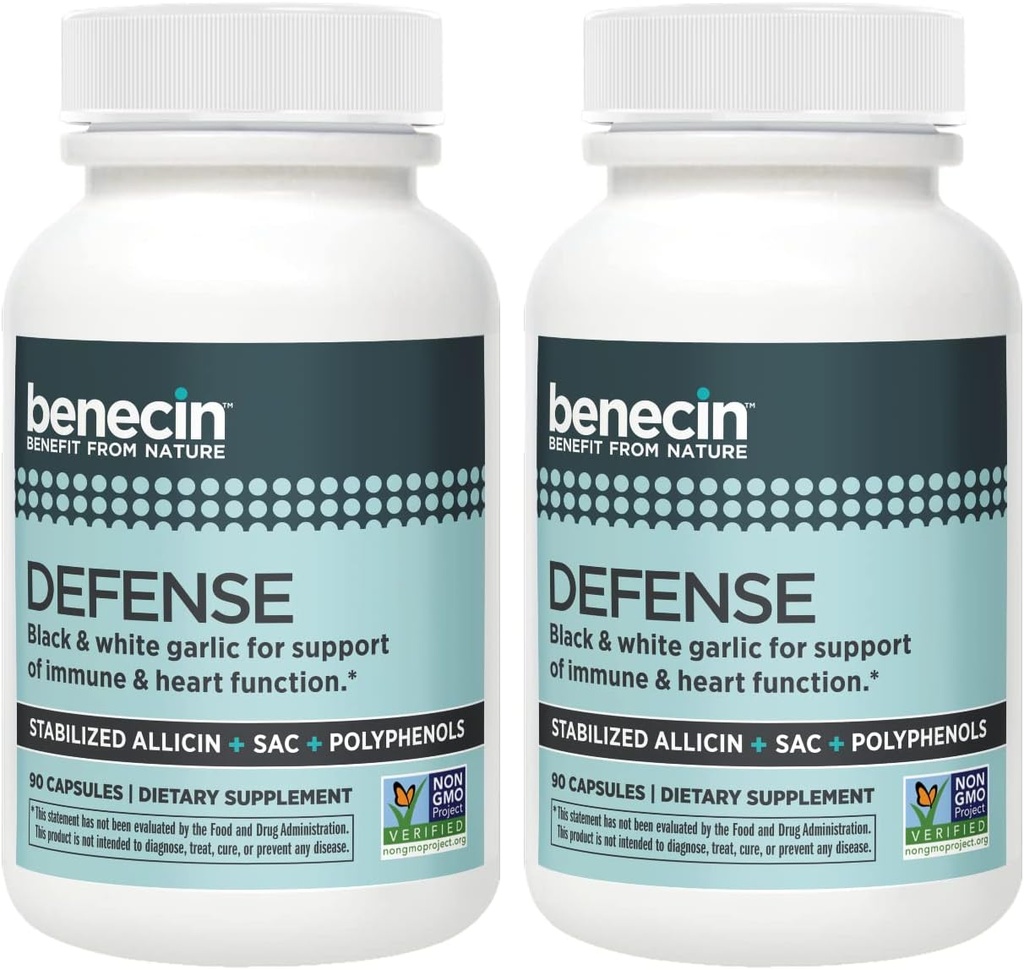 Benecin Defense 1500 μg Stabilizēts Allicin uz kapsulām -- Plus liels daudzums SAC un polifenolu no melnās ķiploka -- Jaudīgs Imūnās un sirds funkcijas atbalsts Veģetārās Caps (1 skaitīšana (180 iepakojums))