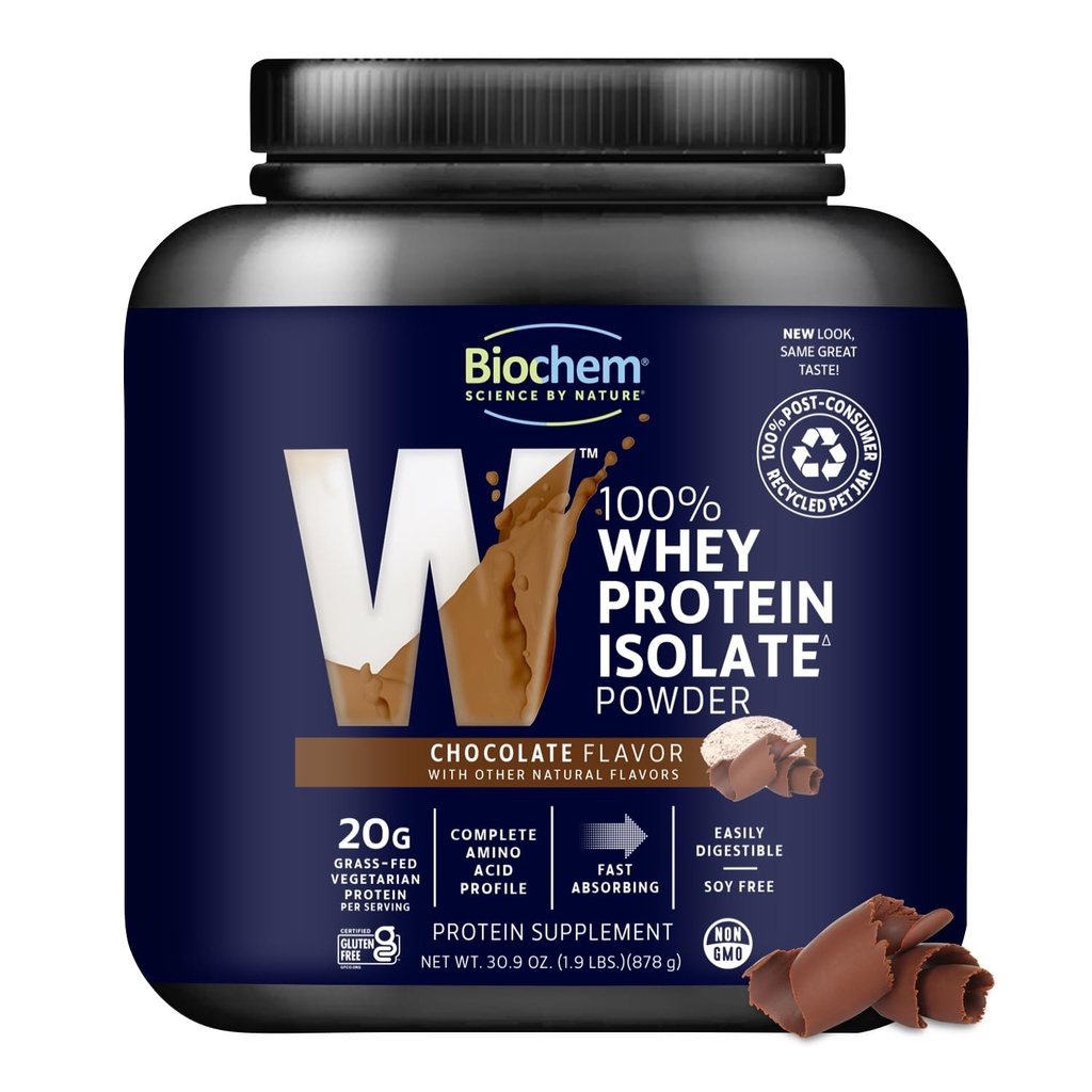 Biochem 100% sūkalu izolāta proteīna pulveris, Šokolādes Flavor, 20g Grass-Fed Protein, Keto Friendly, bez lipekļa, veģetārs, viegli Digestable, 30,9 oz, 28 Kalpo