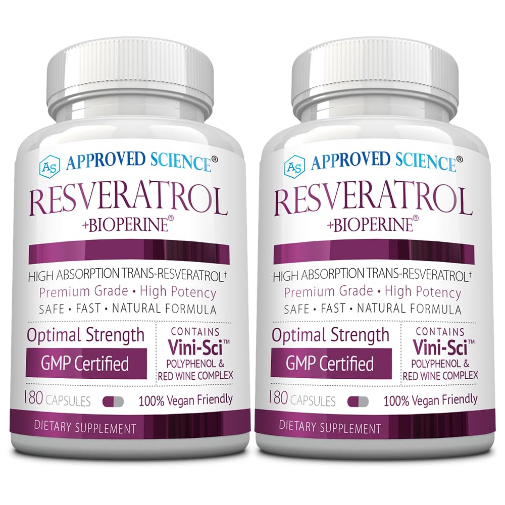Apstiprināts Science® Resveratrol - 1000 mg Trans Resveratrol - 250 mg polifenola - 98% Tīrības līmenis - Ietver Bioperine® - 380 Vegan draudzīgas kapsulas - 2 pudeles
